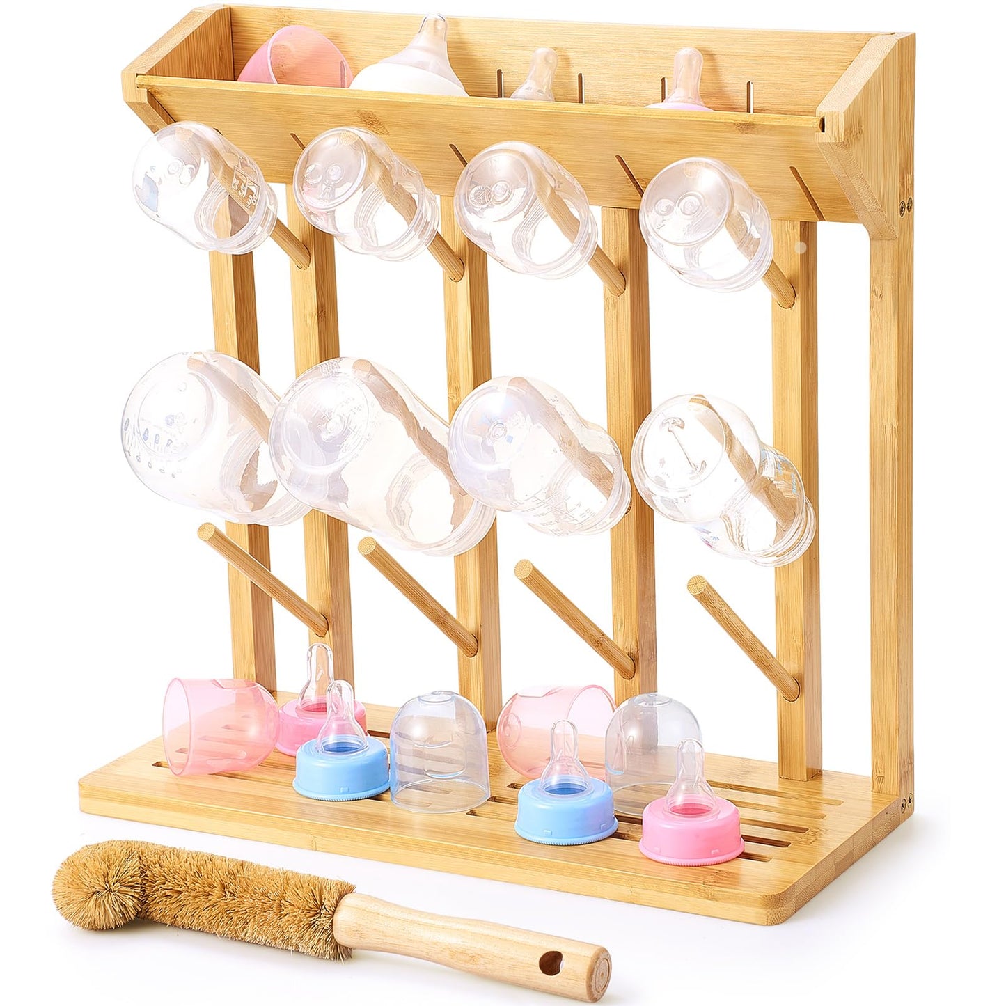 Geelin Bamboo Baby Bottle Drying Rack for 12 Bottles Large Vertical Baby Bottle Dryer Holder with Wooden Clean Brush Coconut Fibre Brush for Saving Space Busy Parents Quick Drying Easy Cleanup Storage
