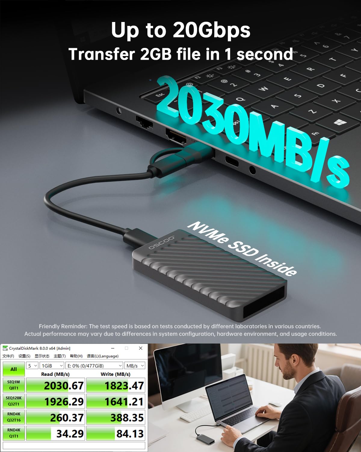OSCOO 4TB Portable SSD, Up to 2000MB/s, USB 3.2 Gen 2x2 External Solid State Drive, Dual USB-C&A, Compatible with iPhone 15/16/14, Android, Mac, Laptops, Tablets, Smart TVs, Cameras, Game Consoles
