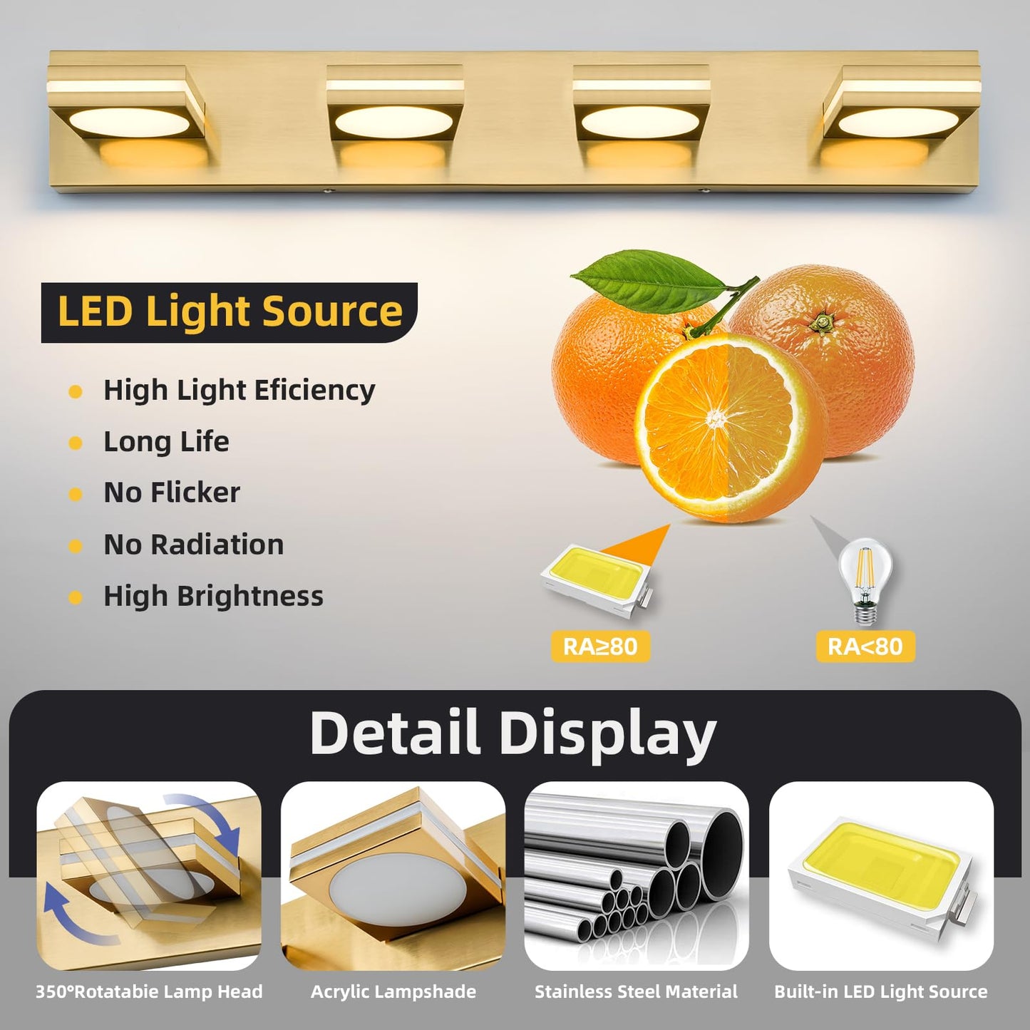 Okeli 4-Light Led Bathroom Vanity Light Fixtures  Gold Modern Bathroom Wall Lighting Fixtures Over Mirror (3Cct  3000K-6000K)