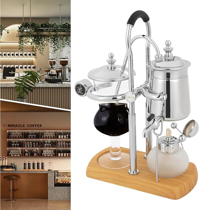 Belgian/Belgium Luxury Royal Family Balance Syphon Coffee Maker Coffee Pot Unique Gravity Vintage Coffee Maker 13.53oz Beautiful Turkish Coffee Maker Vacuum Brewing System (Silver)
