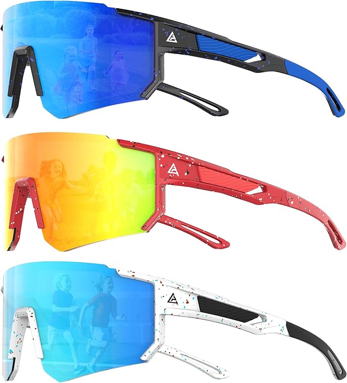 QALLY 3PACK Kids Sunglasses Youth Baseball Sunglasses for Boys Girls Age 4-14, Softball Cycling UV400 Protection Sports