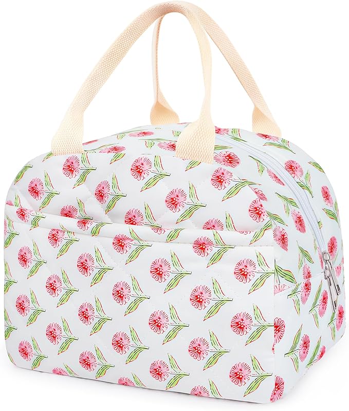 Cotton Quilted Insulated Lunch Bag, Cute Quilted Floral Lunch Tote Bags Reusable Insulated Lunch Box Coquette Aesthetic Large Capacity Insulated Cooler for Women Work Travel Picnic (Big Pink Flowers)