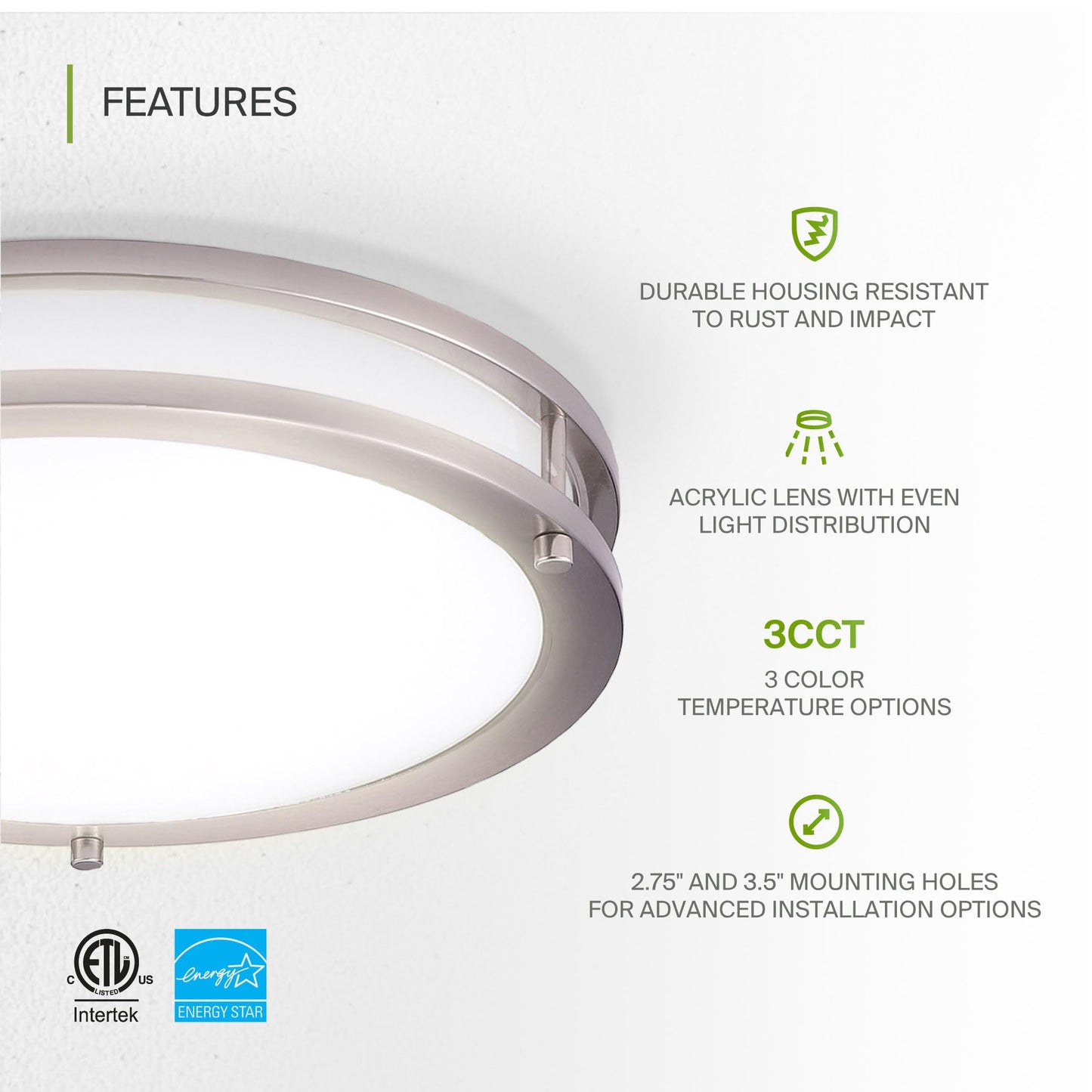 Asd Led 18 Inch Round Flush Mount Light Fixture | 28W 2250Lm 3000K-5000K 120V | 3Cct  Dimmable  Energy Star  Etl Listed | Close To Ceiling Double Ring Lamp  Low Profile Lighting | Nickel  4 Pack