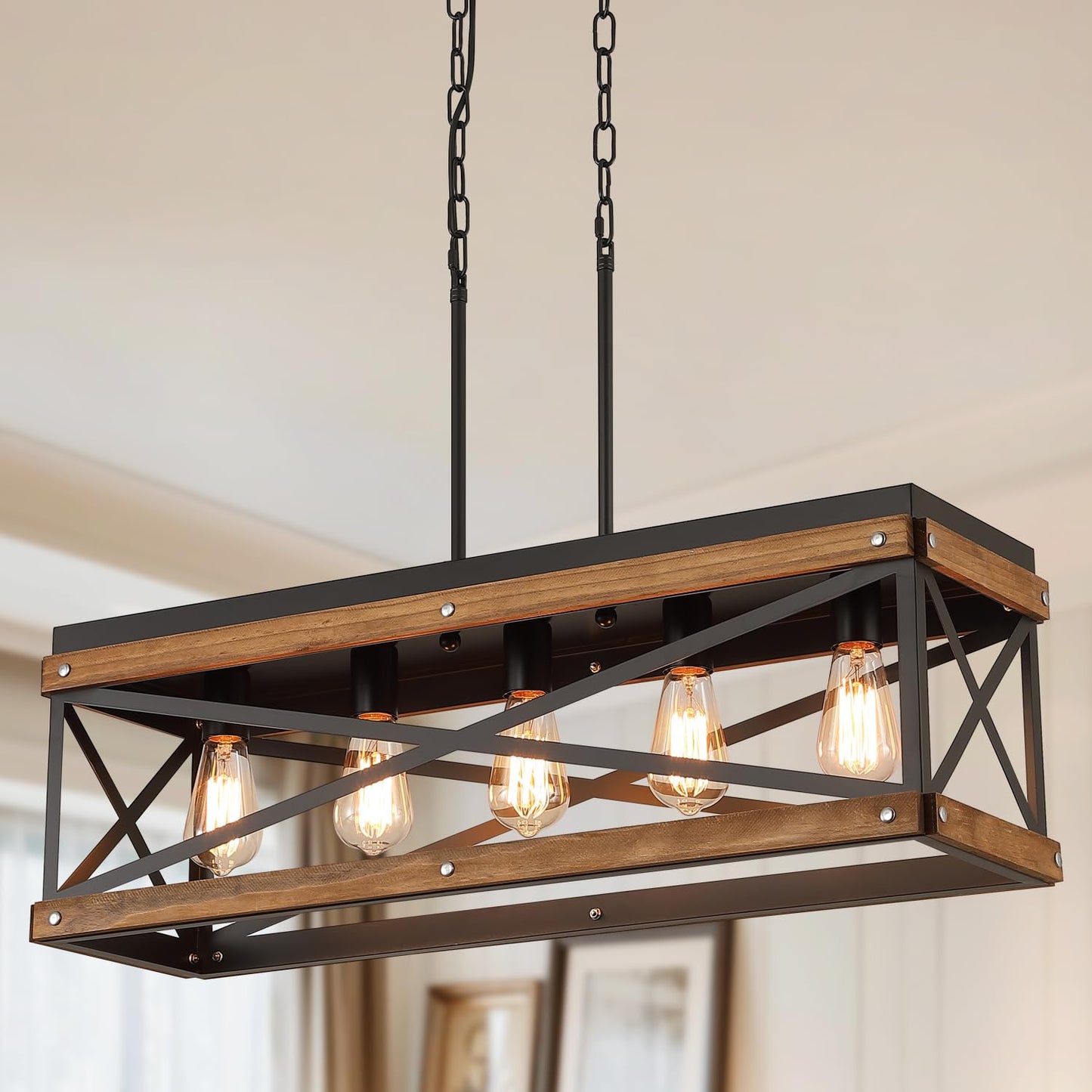 Rustic Farmhouse Wood Kitchen Island Lighting  5 Lights Rectangular Pendant Light Fixture  Adjustable Chain Oak Wood And Metal Linear Chandelier For Dining Room Kitchen Island Farmhouse  Black