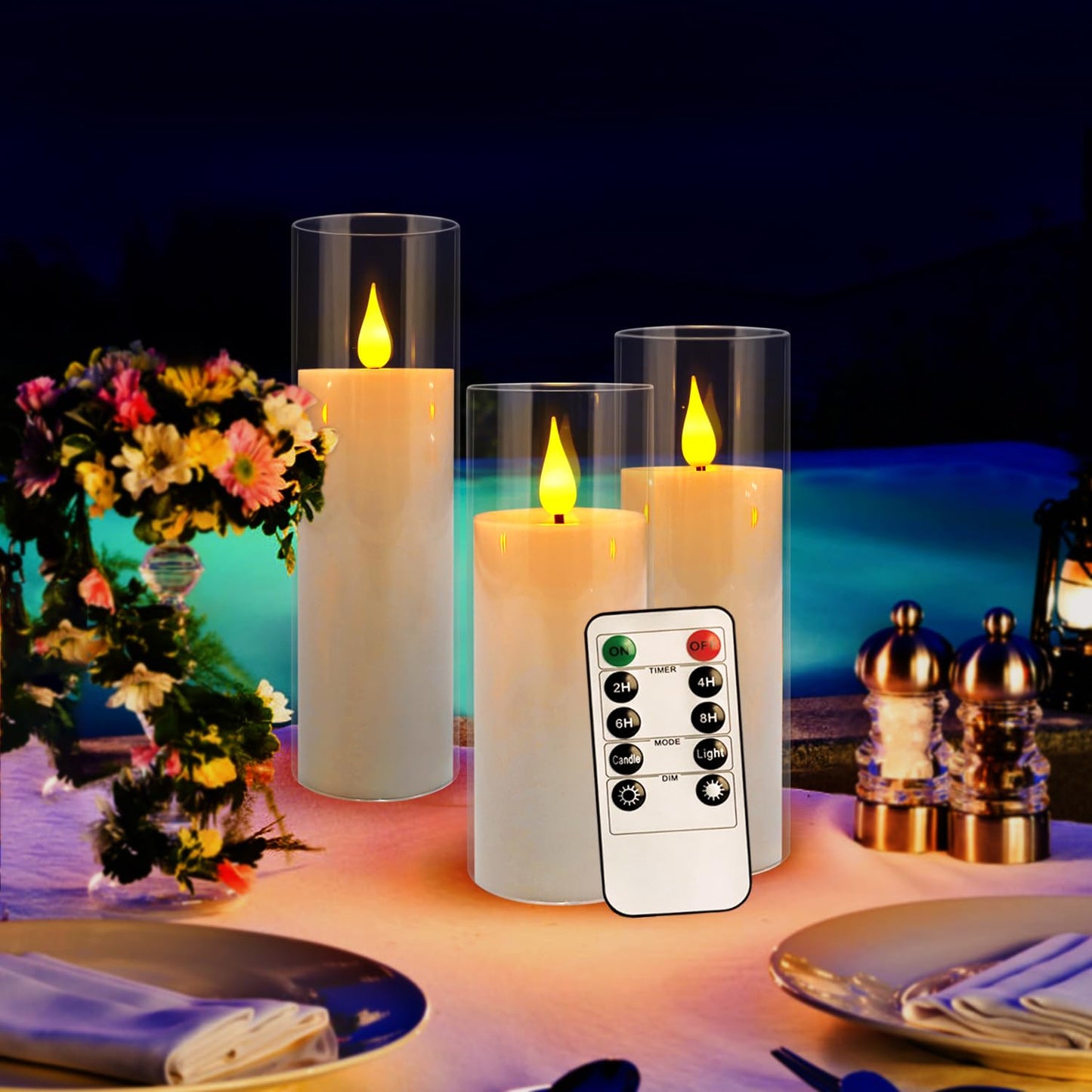 CAKETYCG 24 Pcs Acrylic LED Flameless Candles with 4 Remote,White,Flickering, Clear, Suitable for Wedding, Party, Home Decoration & Outdoor.