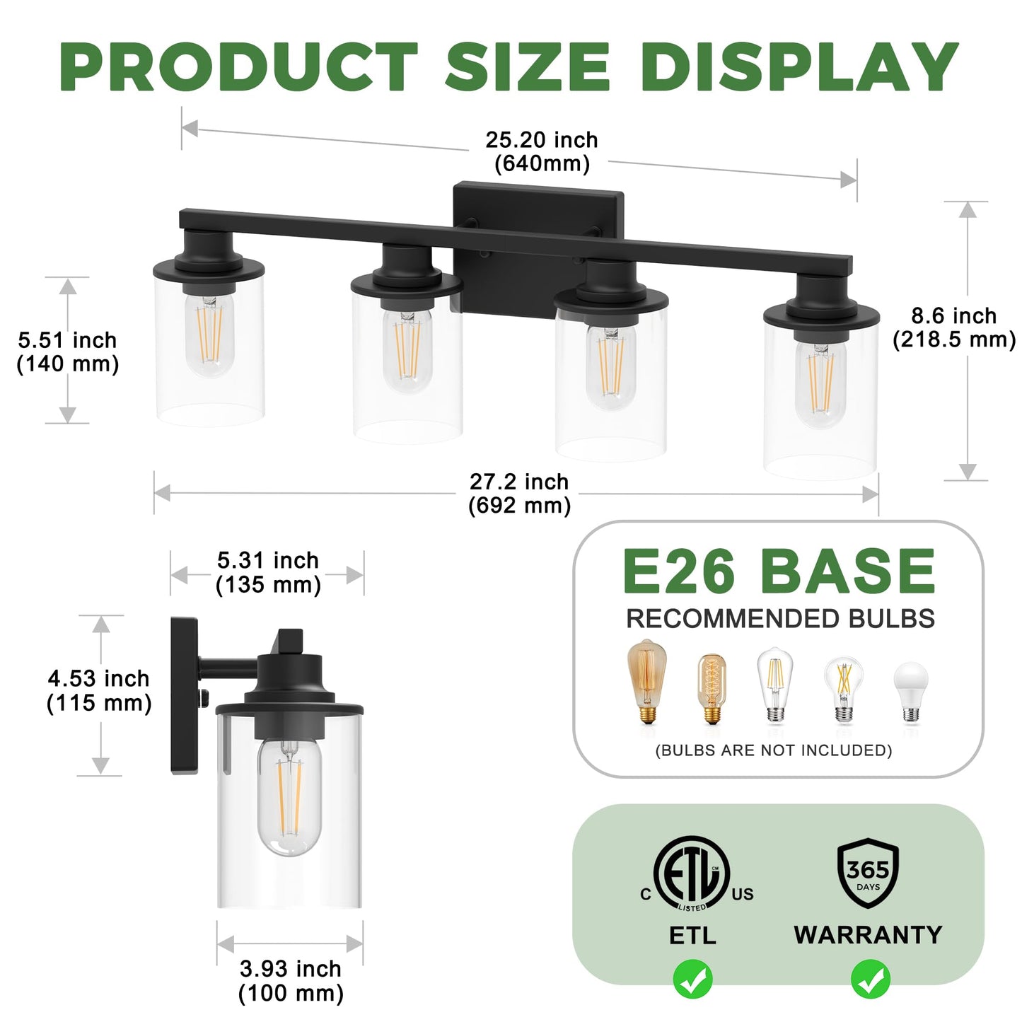 Doresshop Bathroom Light Fixtures  4-Light Matte Black Bathroom Lighting Fixtures Over Mirror With Clear Glass Shade  Vanity Lights For Hallway Living Room Bedroom