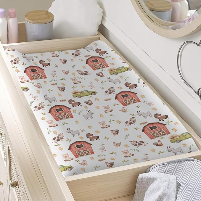 Baby Farm Life Changing Pad Covers for Boy Girl 32''x16'' Farm Animals Pig Goat Horse Cow Chick Rooster Duck Leaves Barn Truck Unisex Fitted Diaper Changing Pad Mats Soft Cradle & Bassinet Sheets