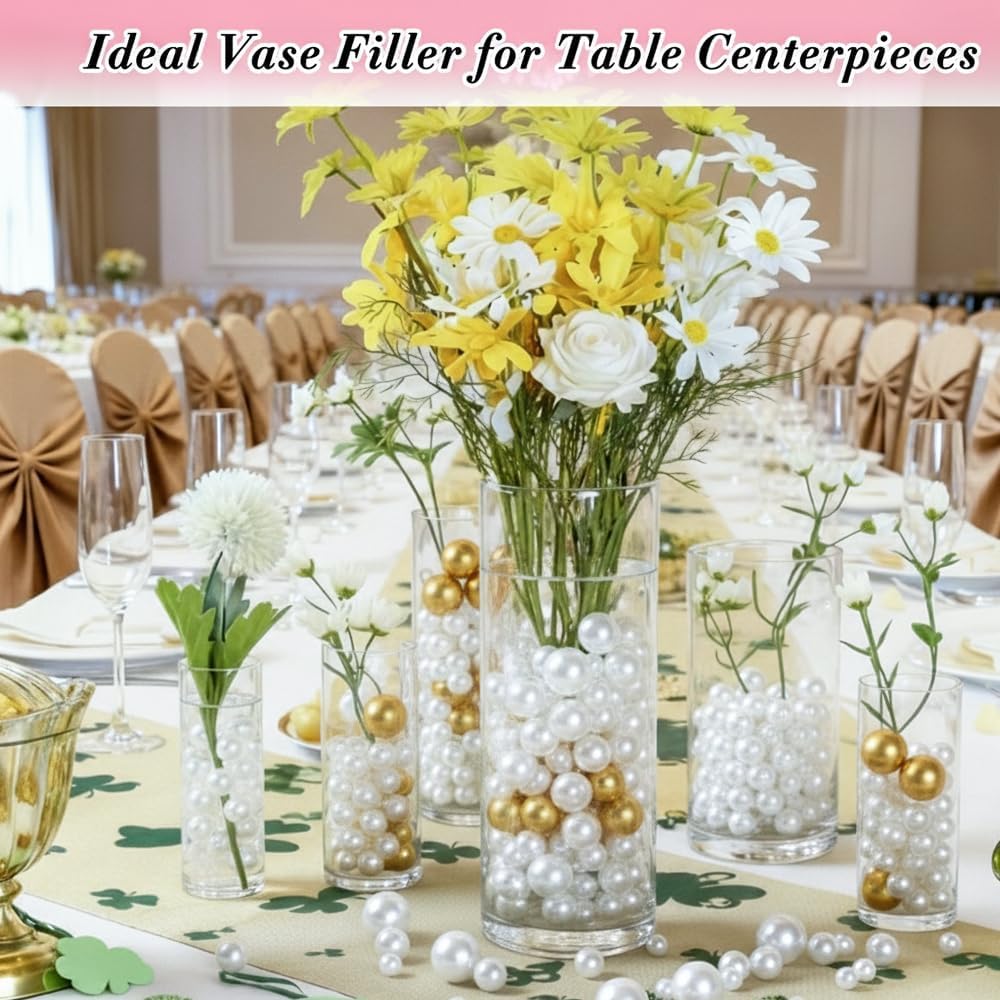 Pearl Beads No Hole Pearls for Crafting 180 Pcs Fake Pearls Faux Pearls for DIY Crafts Jewelry Making Vase Filler Floating Candle Wedding Birthday Party Home Decorations (Gold & Ivory, 8/10/14/20mm)