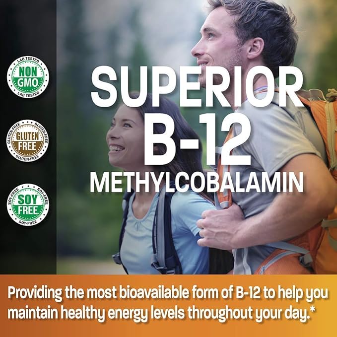 Methyl B12 5000 mcg Vitamin B12 Methylcobalamin Lozenges + Super B Vitamin B Complex Sustained Slow Release