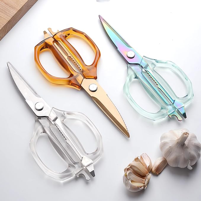 Jasni Transparent Handle Stainless Steel Sharp Powerful Kitchen Scissors Multi-Purpose Heavy Duty Food Scissors Kitchen Shears Chicken Poultry bone fish scales (White handle White blade)