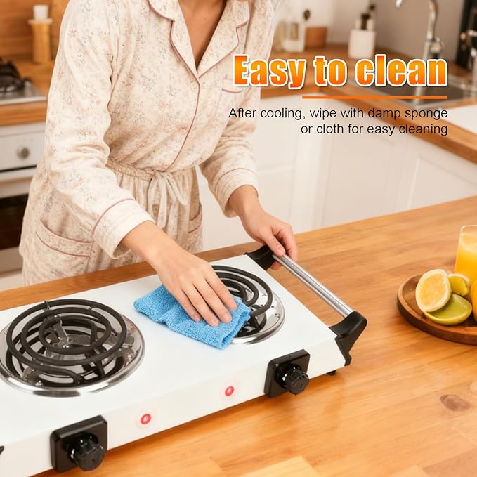 Double Hot Plate, 2000W Portable Countertop Burner & Electric Stove, 5-Level Temp, Portable Handle, Cast Iron Double Burner Cooktop for Home/RV/Camping (White)