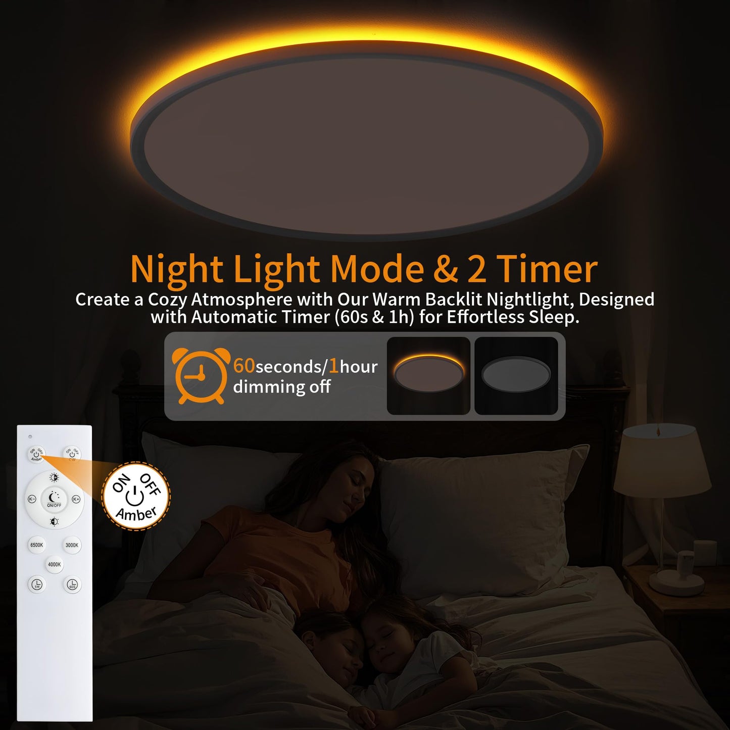 UprizeP Flush Mount Ceiling Light with Remote, 15in, 36W LED, 1800K Nightlight & 3000-6500K Dimmable, White, Model