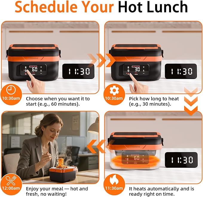 Electric Heated Lunch Box: Cordless 6.3-Cup Portable Food Warmer with 75W Fast Heating & Type-C, Leak Proof Stainless Steel Container for Truck Drivers, Office & Construction Workers, Black