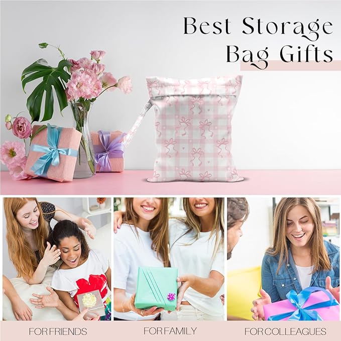 Wet Bag for Swimsuit, Beach Travel Essentials Wet Dry Bag, for Sunscreen Toiletry Dirty Clothes Yoga Gym Diaper, Friends Summer Beach Vacation Gifts. Pink and white checkered bow