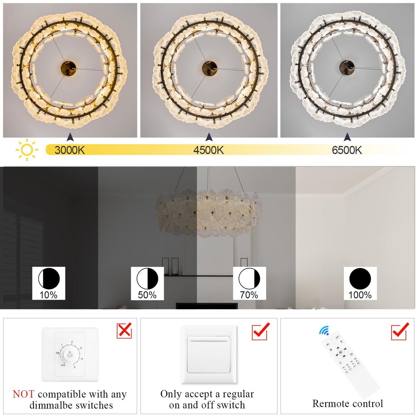 Poemoon 30in Luxury Glass LED Chandelier, Gold-Lotus, Dimmable 3000-6500K, Model P56-800G1, Modern Design for High Ceil