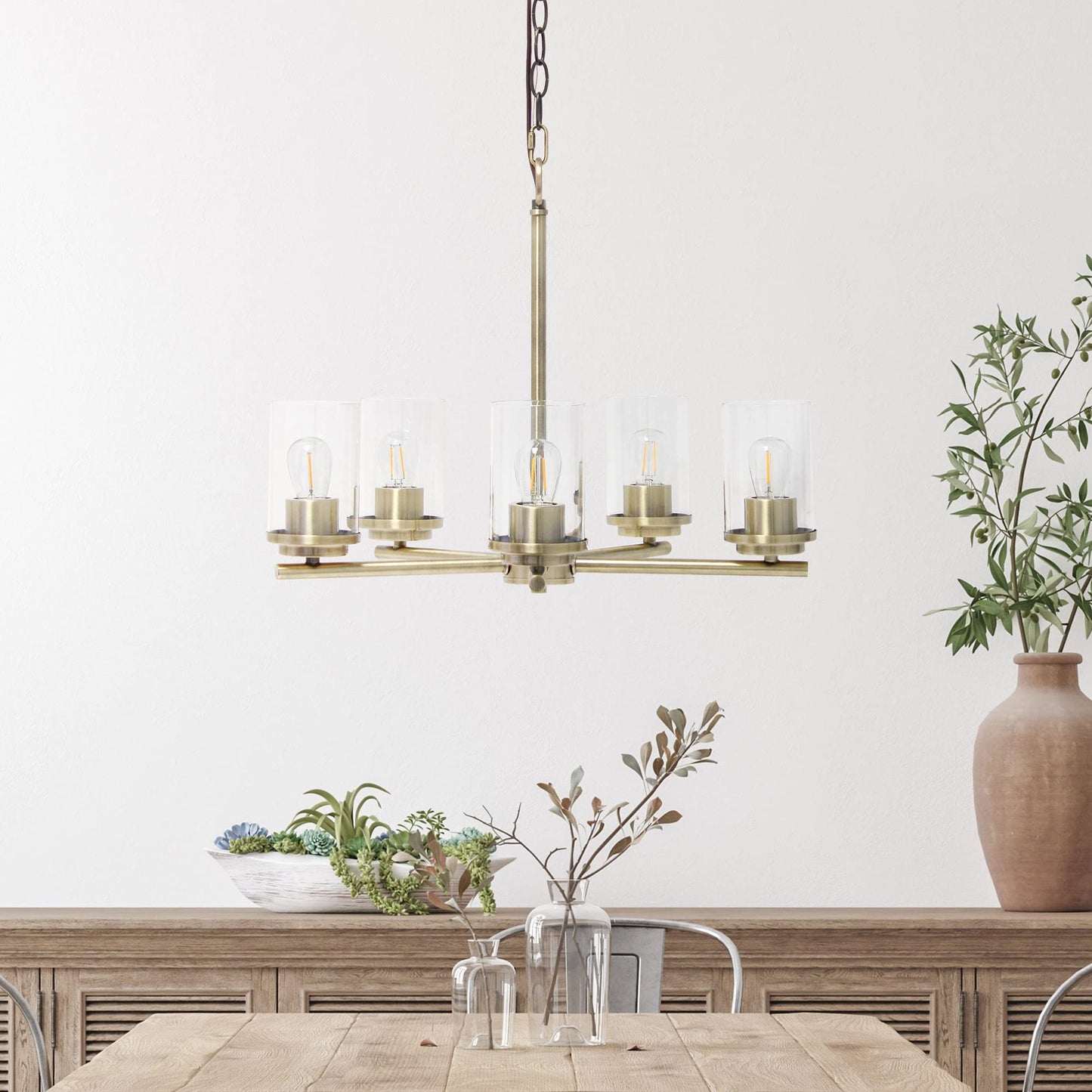 Elegant Designs 5-Light Pendant Chandelier, Antique Brass, 20.5in x 20.5in x 64in, Glass, Model PT1019-ABS, Vintage Industrial Style