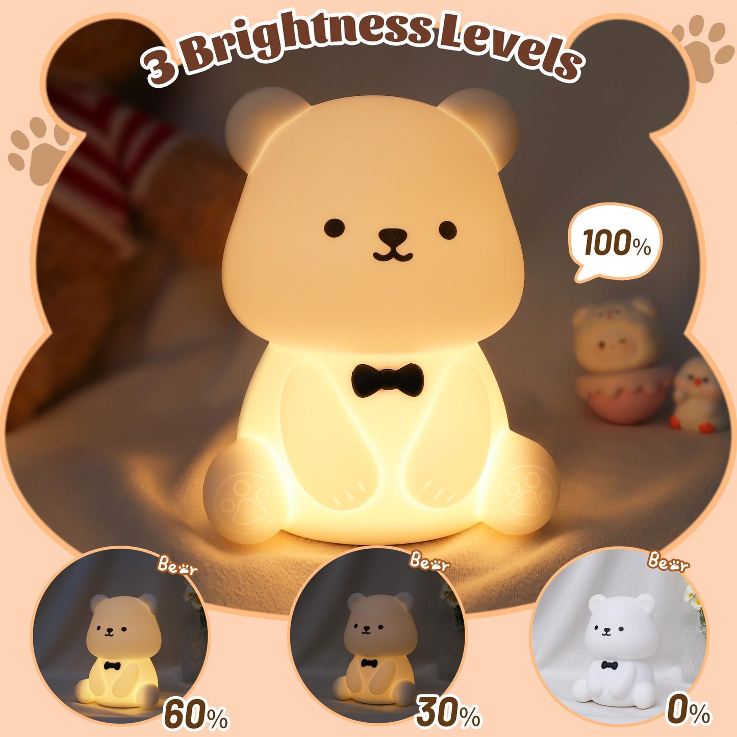 Attivolife Teddy Bear Night Light For Kids  Baby Nursery Beside Silicone Lamp  Protable Usb Rechargeable Kids  Bedroom Nightlight With 8 Color Lights  Birthday Christmas Gifts For Girl Boy Children