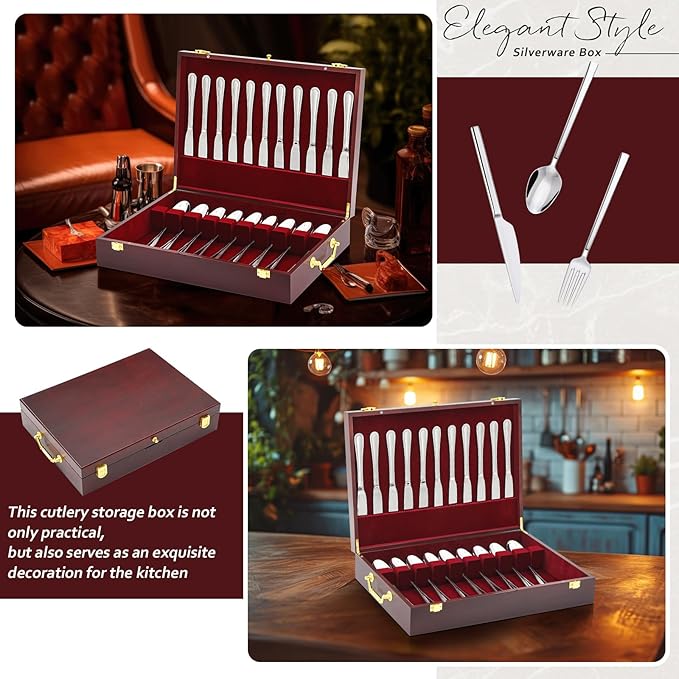 Novabright Wooden Silverware Storage Box with Lid, Christmas Flatware Organizer with Handle Felt Lined,15.3 x 11.4 Large Elegant Silverware Chest Case for Flatware Utensils Home Decor Gift(1 Layer)