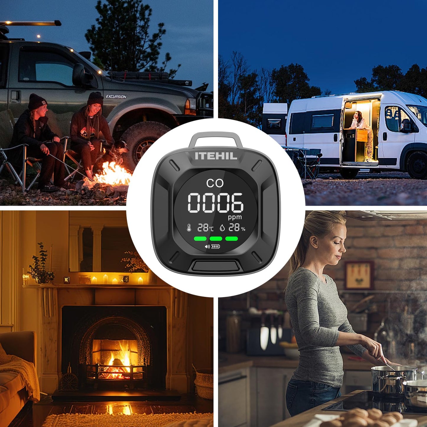 Portable Carbon Monoxide Detector, Mini 3-in-1 CO Detector for Travel & Camping, Camping Carbon Monoxide Detector for RV Car