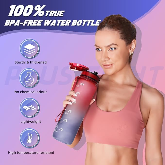 Sports Water Bottle, 32 oz Motivational Water Bottles with Time Marker to Drink, Leak-Proof Tritan BPA-Free with Carrying Strap for Women Men Gym Fitness Outdoor (Red Black)