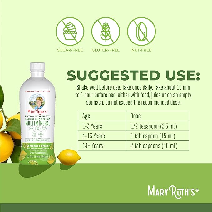 MaryRuth's Extra Strength Nighttime Liquid Multimineral | Sugar Free | Calm Magnesium Citrate | NO Melatonin | Calcium Magnesium Zinc | Muscle Relaxation | Lemonade Flavor | Vegan | 32 Servings