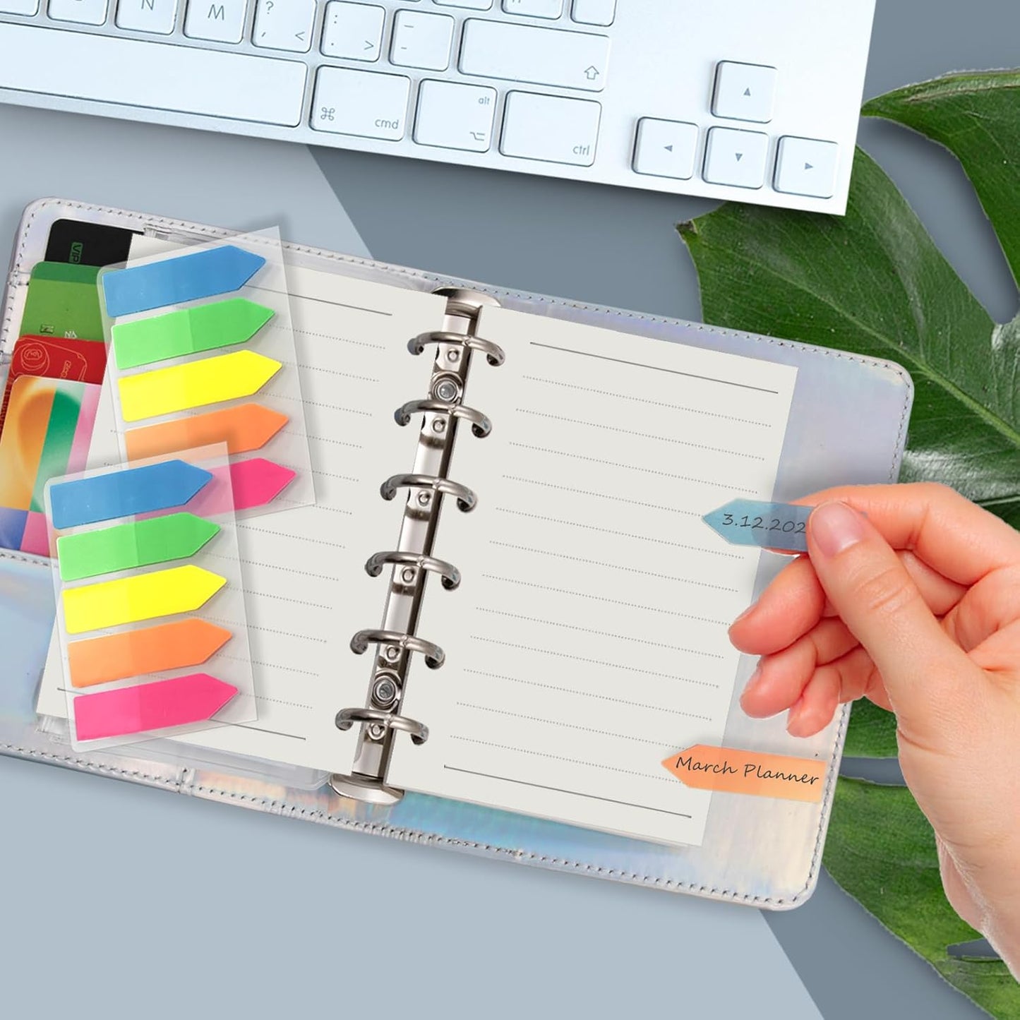 Harphia A7 6 Holes Binder Refill Value Set, 90sheets rulled line loose leaf paper with stickers and dividers, planner inserts with binder pockets for A7 binder 6 holes refillable notebook,005dA7line