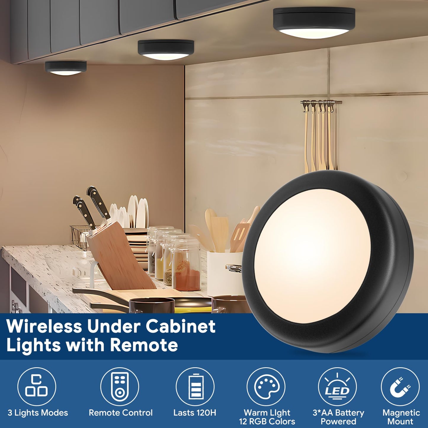 Yiliaw LED Puck Lights with Remote Control, 12 Pack, AA Battery Operated, 12 Color, Black-Magnetic, Plastic