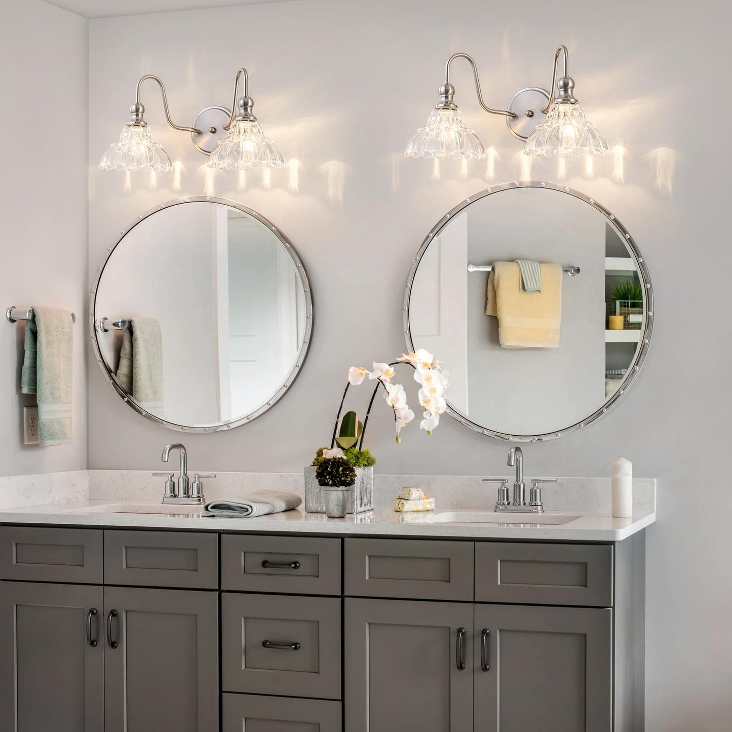 Brknit Vintage Bathroom Light Fixtures Over Mirror  2-Light Brushed Nickel Wall Sconce Lighting With Flower Glass Shade  Farmhouse Vanity Lights For Bedroom Kitchen Living Room Hallway Light