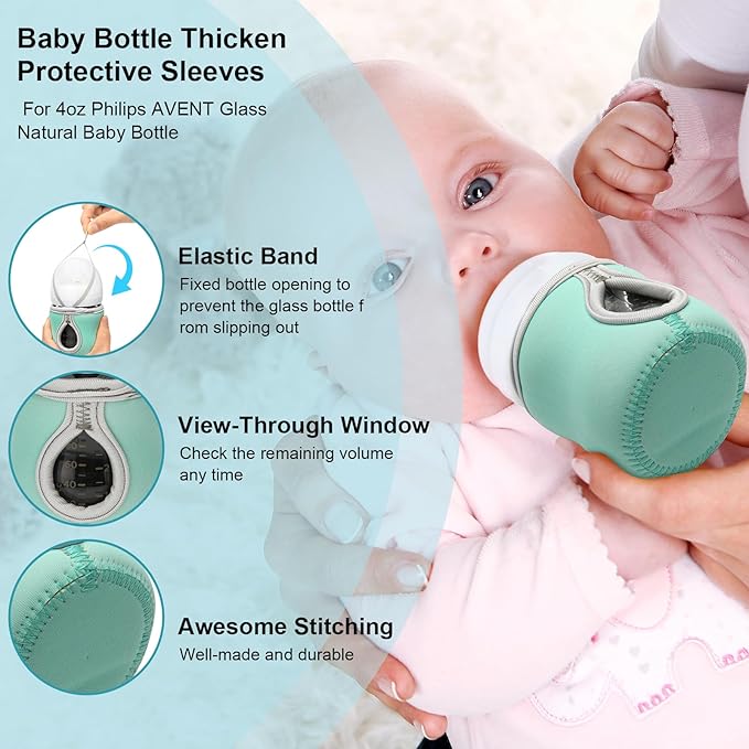 Beautyflier 4oz Glass Baby Bottle Sleeve Covers - Reusable Insulator for Heat/Cold Retention, Moisture Neoprene Holder for Philips 4 oz Avent Glass Natural Bottles (Pink+Green)