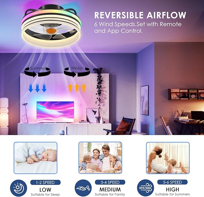 Flush Mount Ceiling Fan with RGB Light - 13“ Small Bladeless Ceiling Fan Light with Reversible Mute Motor, RGB LED Dimmable, Low Profile Enclosed Ceiling Fans for Indoor, Kids Room, Party