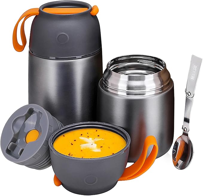 Itslife Insulated Thermo Food Jar for Hot & Cold Food for Kids Adult, 17&24 oz Soup Thermal Hot Food Containers for Lunch, Triple Layer Insulation Stainless Steel Food Jar with Spoon (2 Pack Grey)
