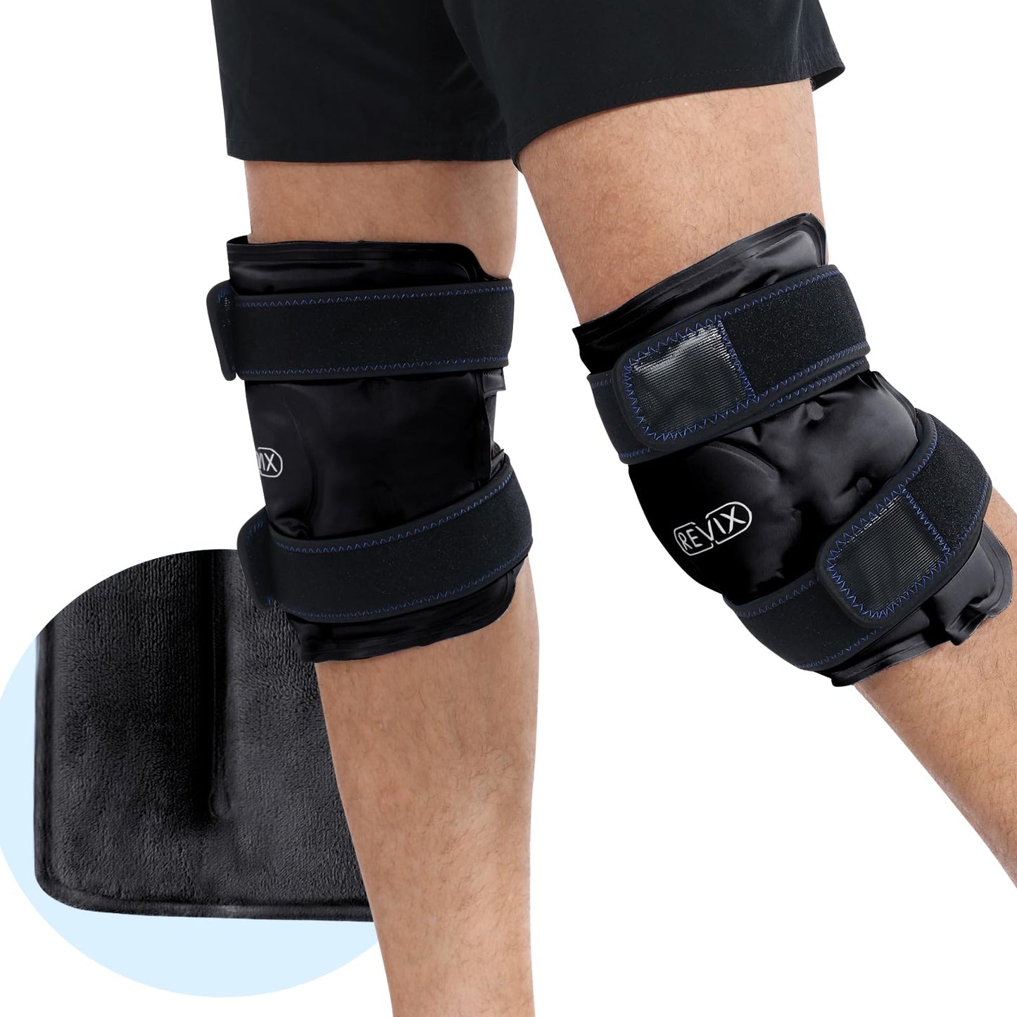 REVIX Ice Packs for Knee Relaxation, Reusable Gel Ice Wraps with Cold Compression for Enhanced Flexibility and Recovery, Plush Cover and Long-Lasting Cold, A Set of Two, Black