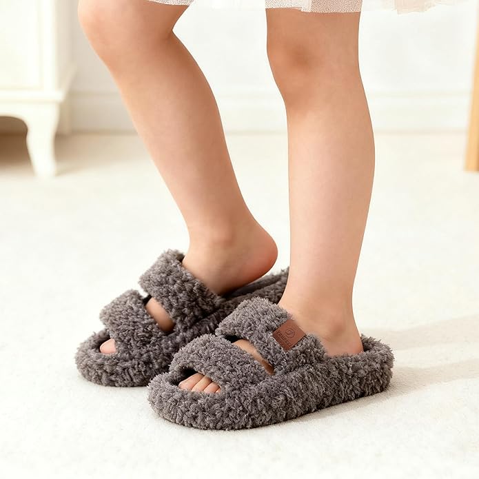 Youecci Girls Fuzzy Slippers-Soft Open Toe Slippers with Memory Foam & Arch Support, Dual-Strap Warm Comfy Home Slides Indoor House Shoes