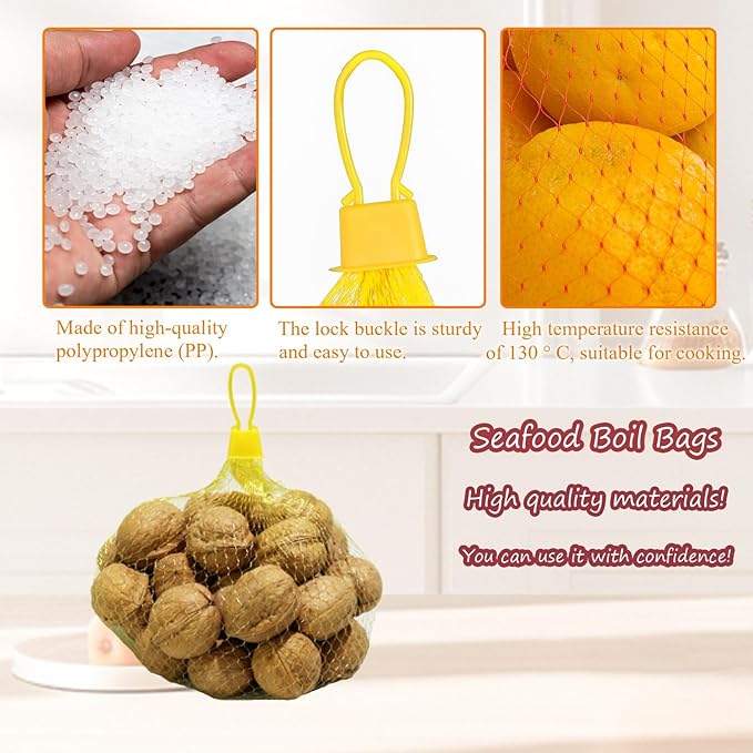 Limso 100 PCS Seafood Boiling Bags, 24 Inch Seafood Bag Onion Bag Mesh Nylon Netting, Reusable Mesh Produce Bags, With 100 Pcs Loop-Style Closures (Yellow)