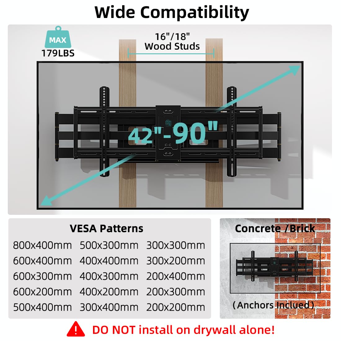 HCMOUNTING Heavy Duty TV Wall Mount for 42-90" TVs, 4X Load Tested Holds 179lbs, 40.9" Smooth Gliding Extension Arms, Full Motion Swivel & Tilt, VESA 800x400, Fits 16-18" Studs