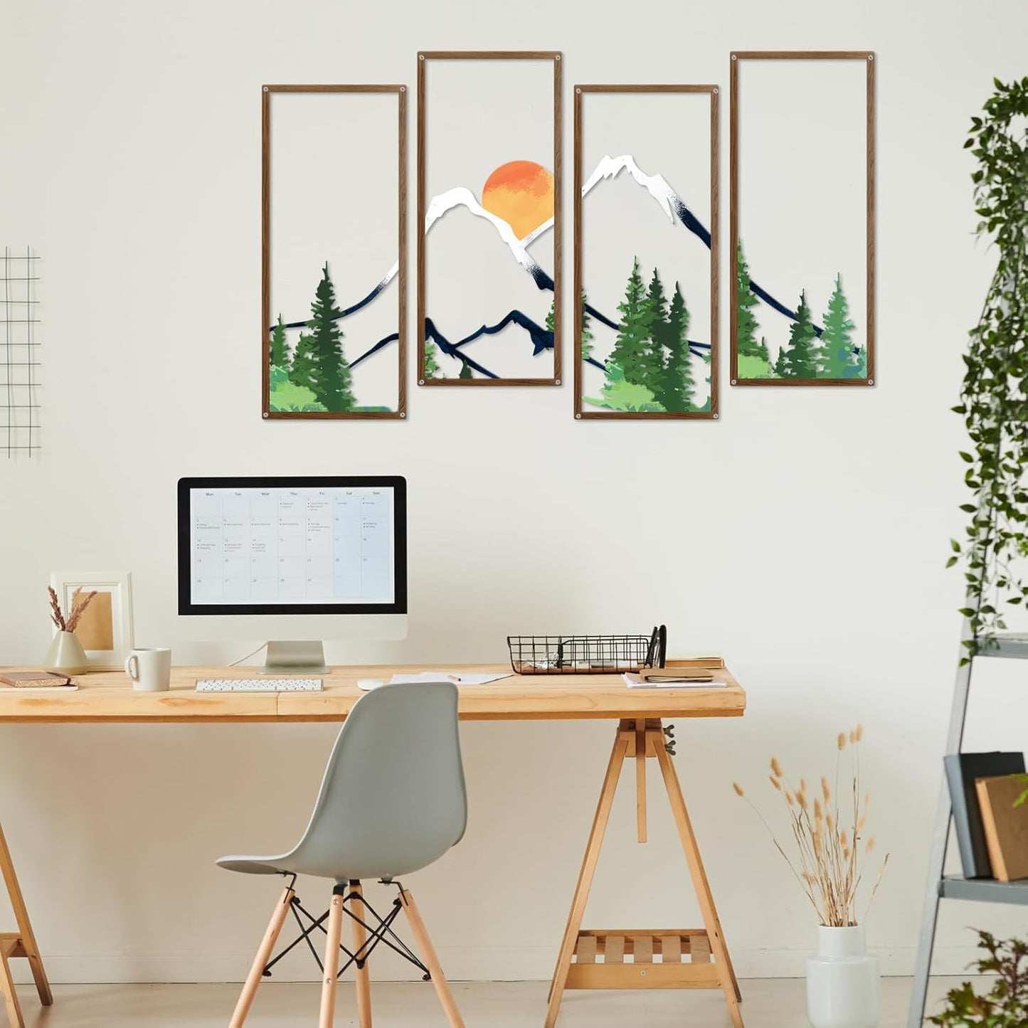 ruelen 4 Pcs Metal Sunset Mountain Forest Wall Art Mountain Line Decor Abstract Minimalist Wall Sculpture Rustic Nature Wall Decor for Home Office Bathroom Bedroom Living Room (Green)