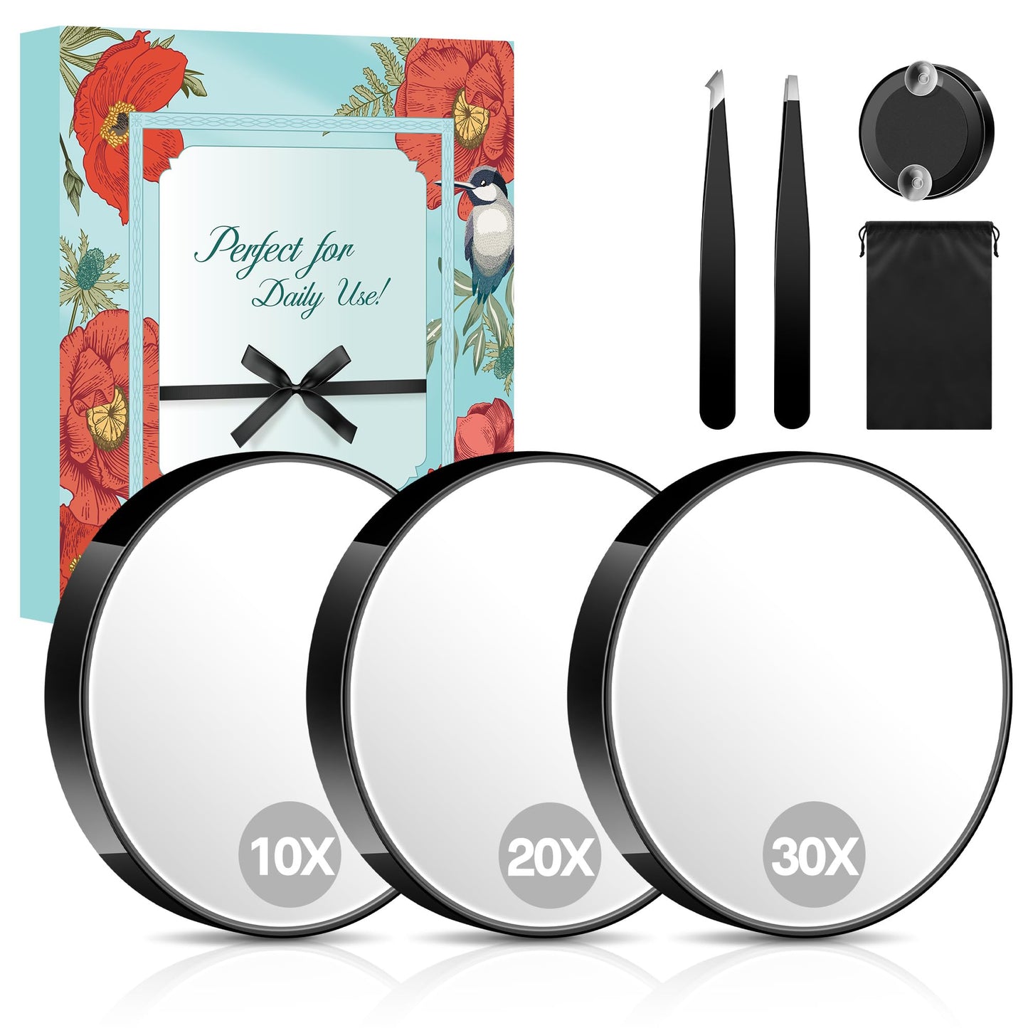 MIYADIVA Magnifying Mirror Set, 10x&20x&30x Suction Cup Makeup Mirror, 2 Tweezers & Storage Bag. 3.5in Compact Mirror for Travel