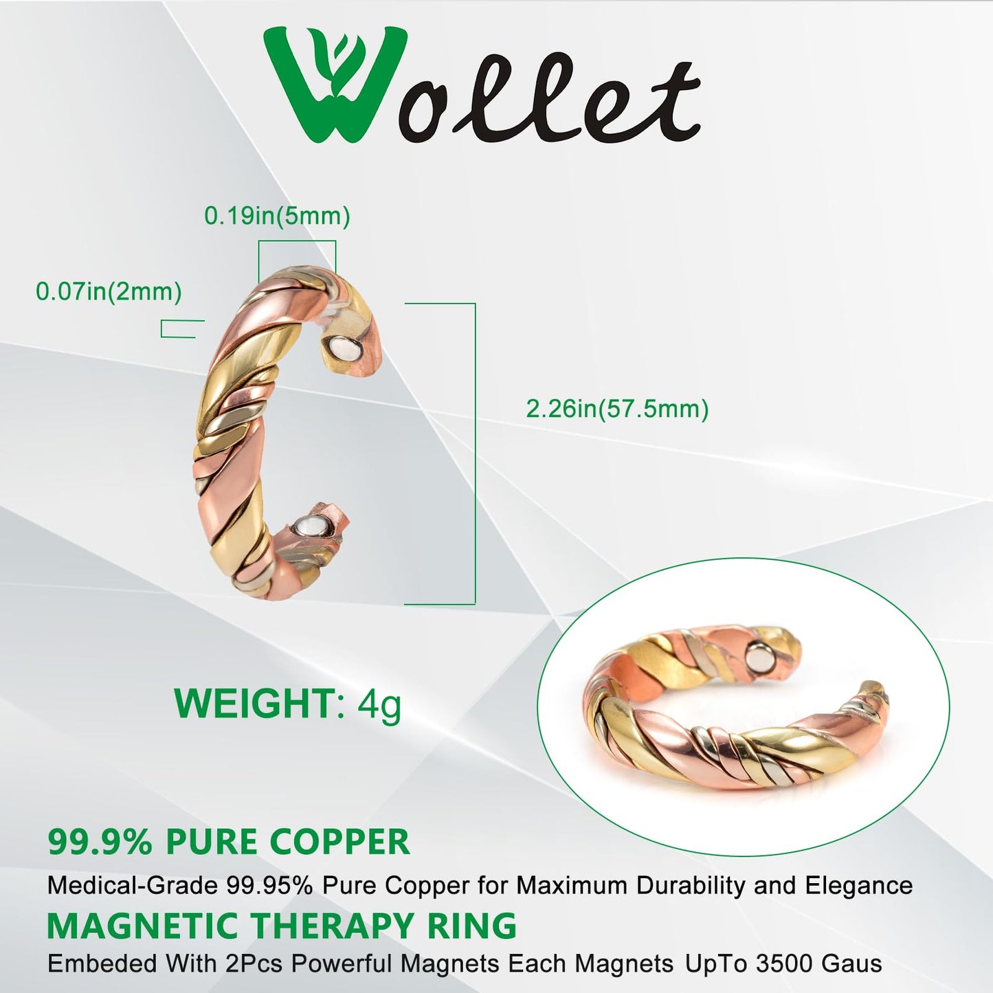 Wollet Tri Tone Braide Copper Magnetic Ring for Women, Magnetic Ring with 3 Colors, 99.9% Solid Pure Copper Ring with Magnets Ad
