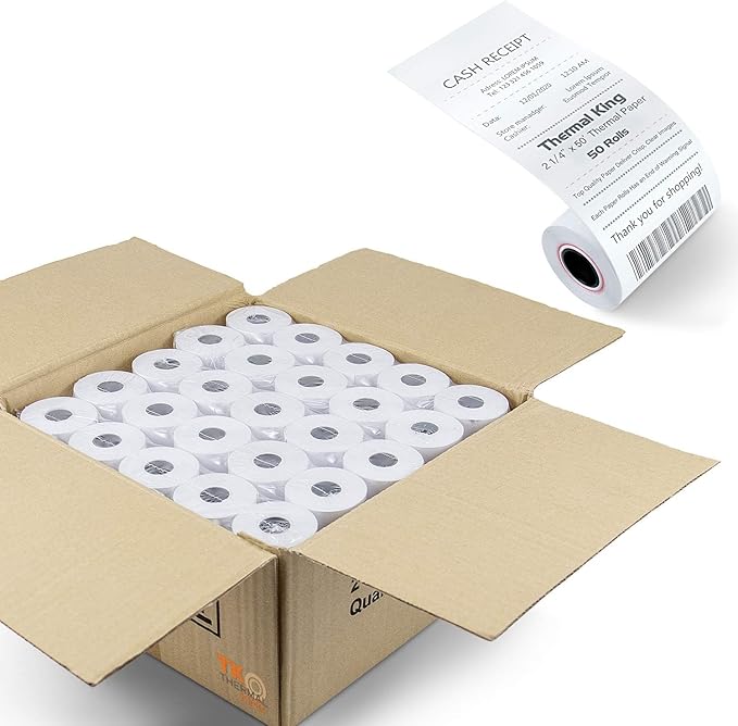 TK Thermal King, (50 Rolls) 2 1/4" 50' feet White Paper Cash Register POS Receipt, Fits All Credit Card Terminal Great For...