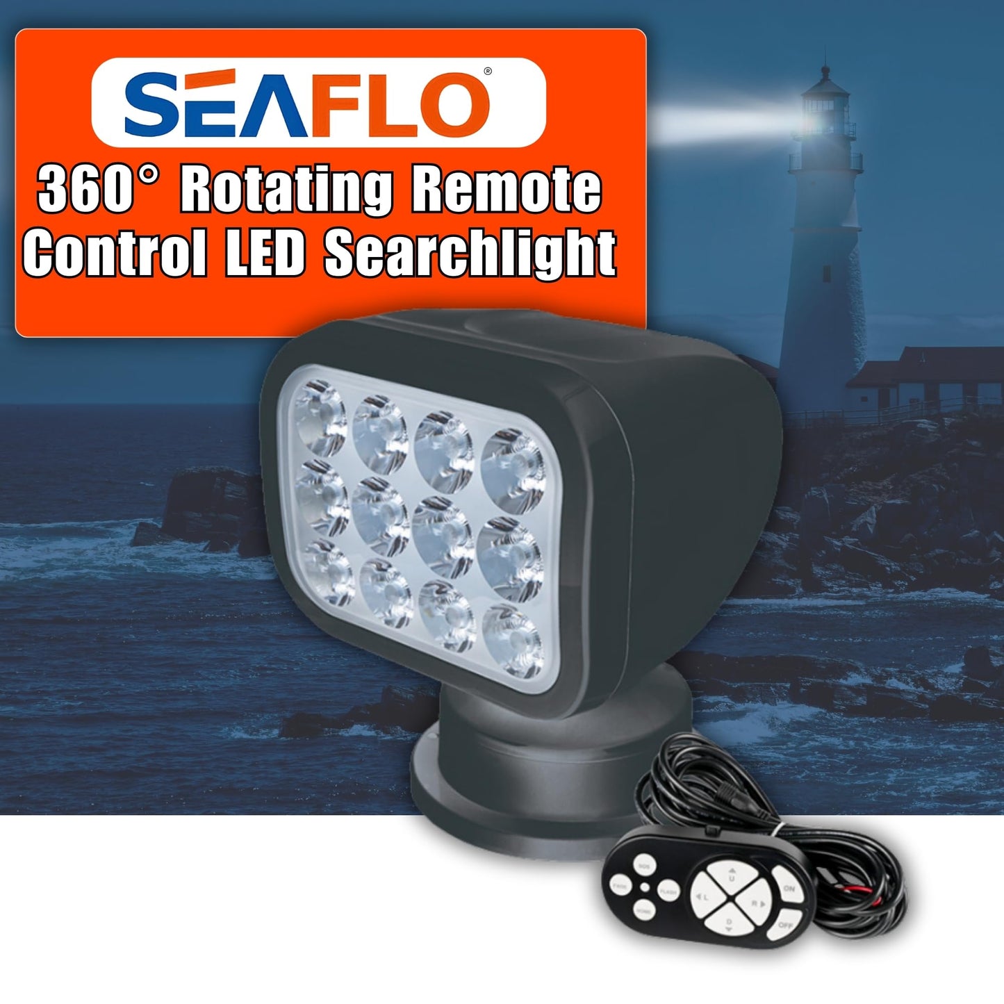 SEAFLO 360° Rotating LED Searchlight, IP66 Waterproof, 10-30V, Warm Light 2700K, Black, Model SFSL-2700Y-01B
