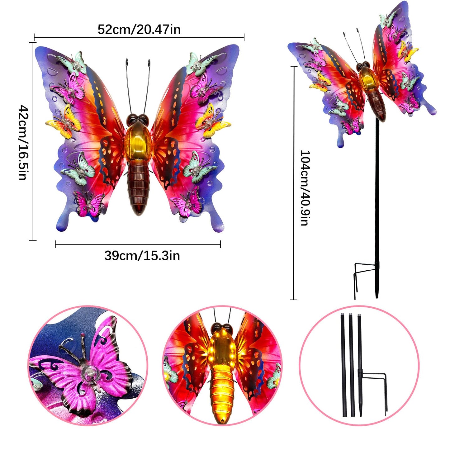 Solar Garden Lights  Outdoor Butterfly Garden Decor Large 41 Metal Decorative Lights  Waterproof Butterfly Outside Decoration Patio Yard Porch Birthday Gardening Gifts For Mom Women  Purple