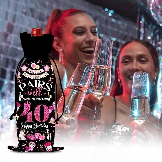 40th Birthday Gifts Women Men Wine Bag, 40 Year Old Birthday Gifts for Women Men, Happy 40th Birthday Party Decorations Woman Man, Pairs Well with Turning 40 Wine Bags (Black Pink)