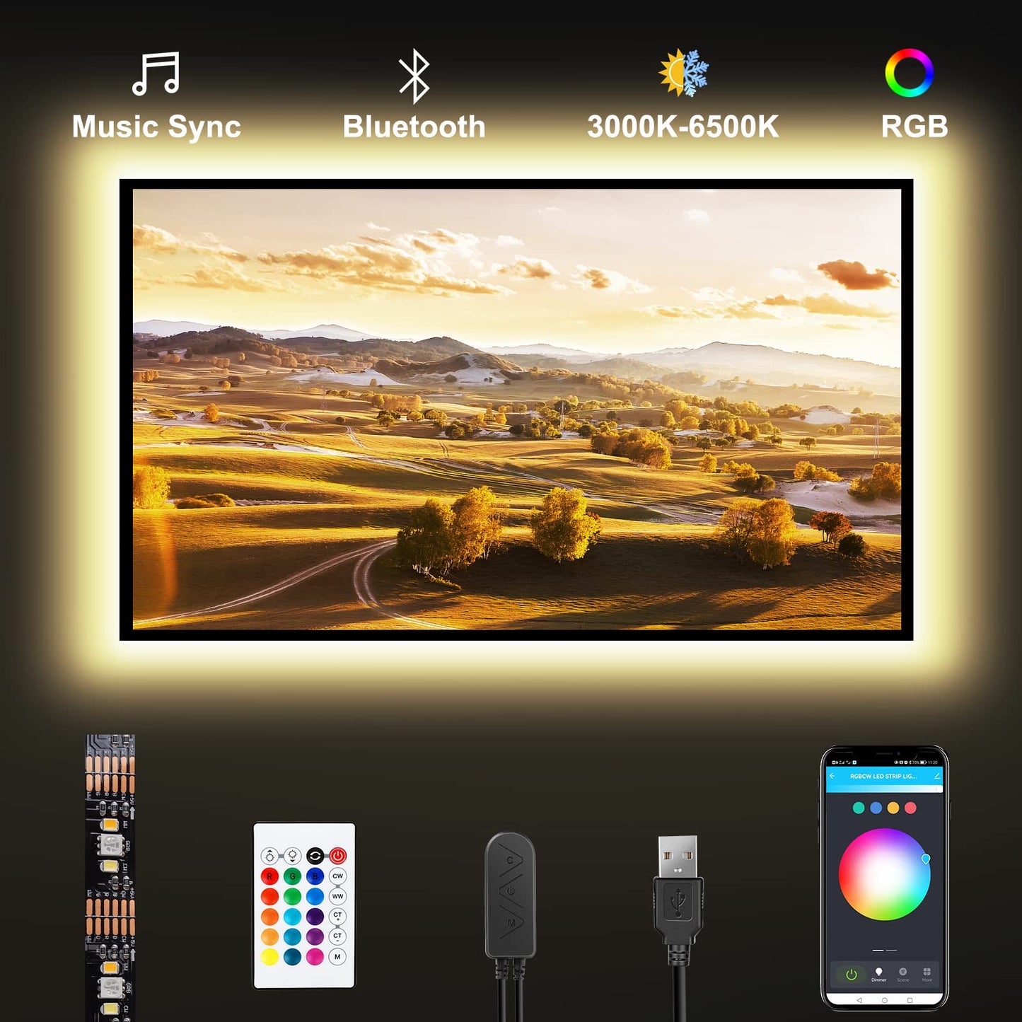Tatazone Bluetooth RGBWW LED Lights for 70-75 Inch TV with App Control, RGB+Tunable White 3000K-6500K TV LED Backlight with RF Remote, Music Sync Indoor for TV, Gaming