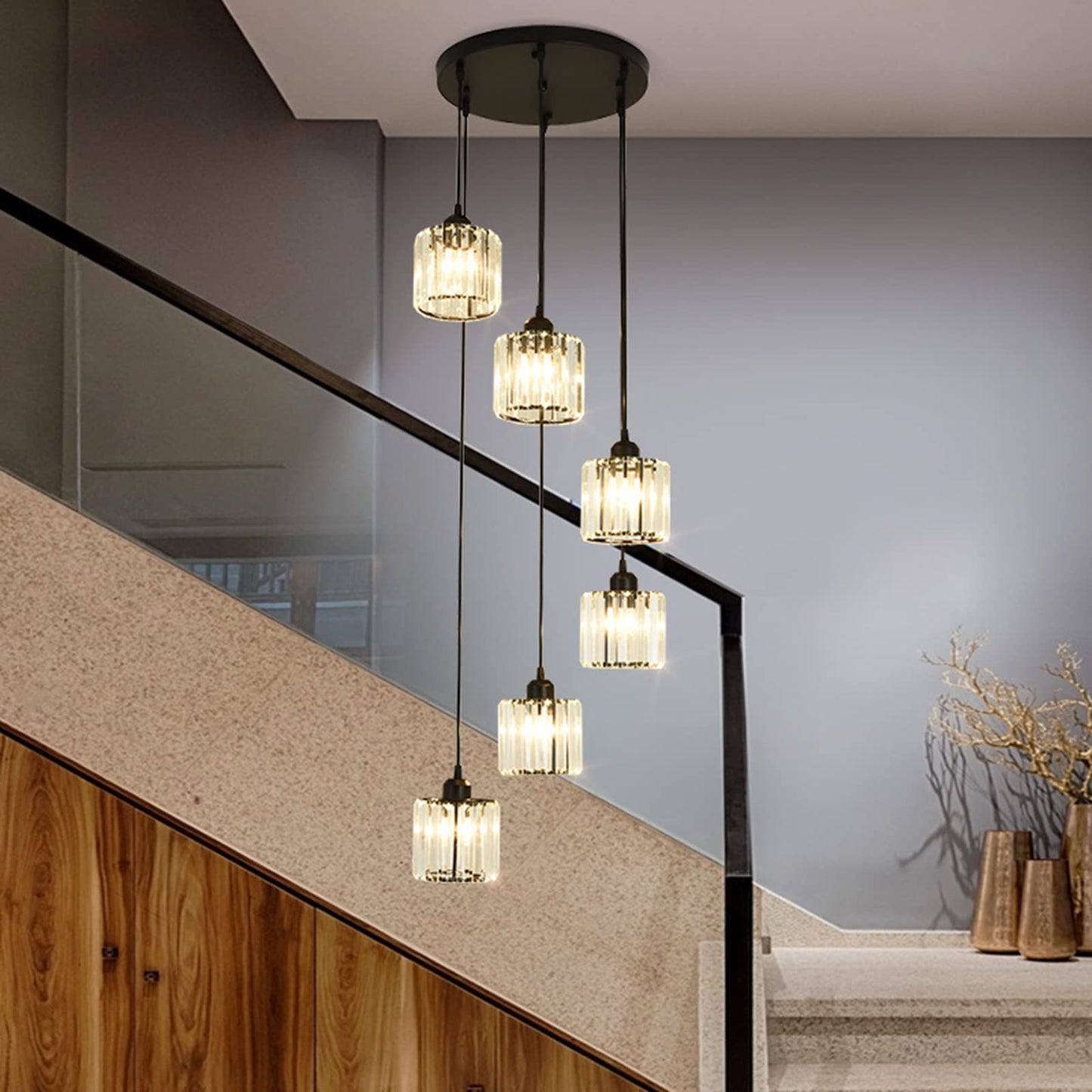 Meimond Long Chandeliers For High Ceilings Modern Crystal Pendant Light Raindrop Drop Lamp Hanging Flush Mount Lighting Fixtures For Spiral Staircase Foyer Entryway Living Room Black (6 Lights)