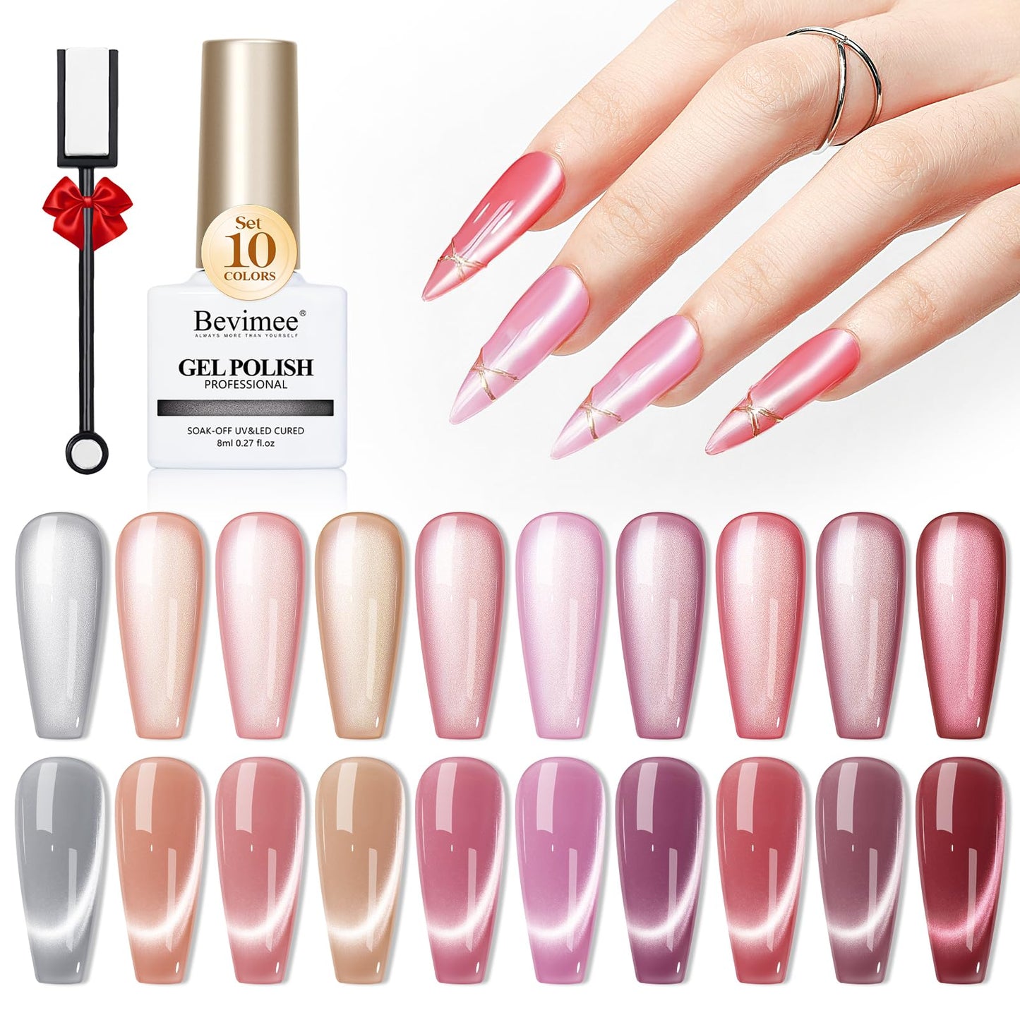 Bevimee Cateye Gel Polish Set With Magnet, Pink Purple Red 10 Colors Jelly Magnetic Nail Polish Moonlight, Holographic Glass Shi