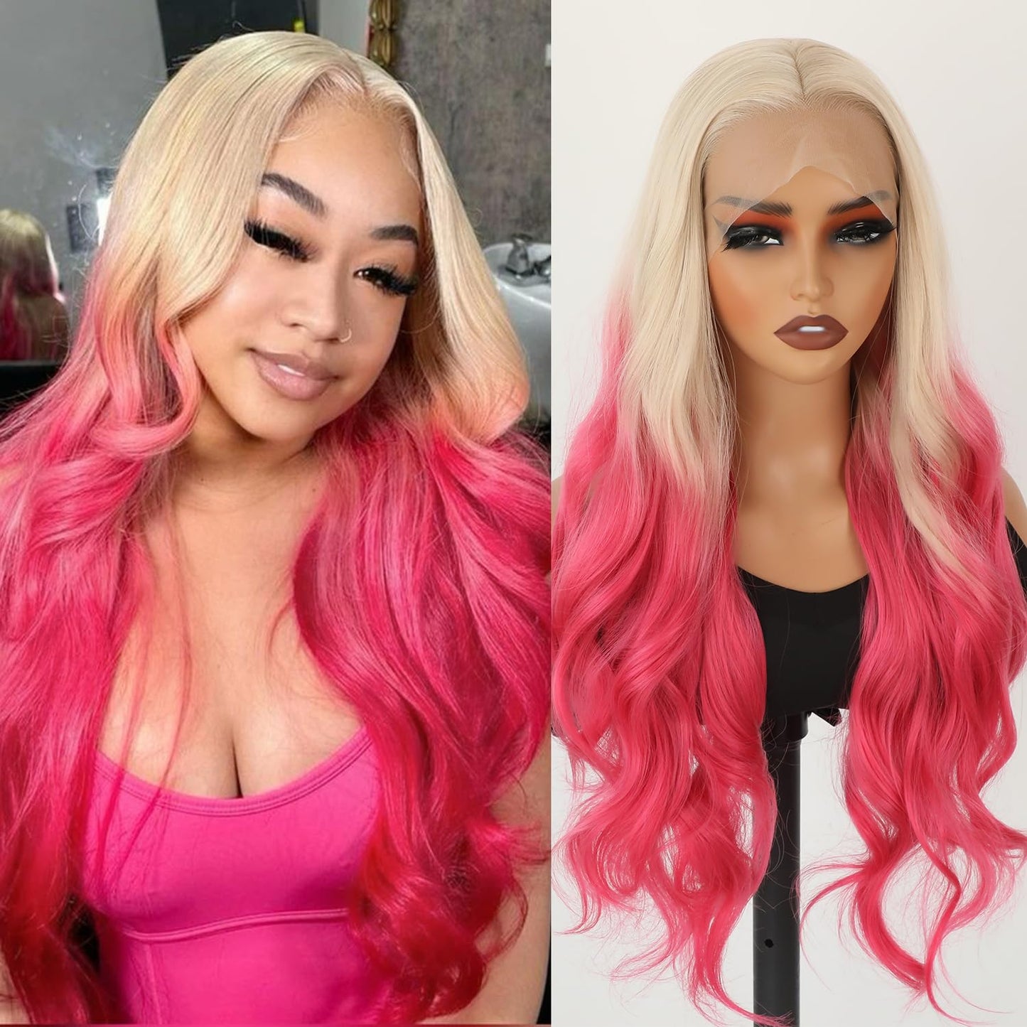 Missyvan Ombre Pink Lace Front Wig - 28" Long, Heat Resistant, Glueless, Pre Plucked, Natural Wavy Hairstyle for Fashion Women