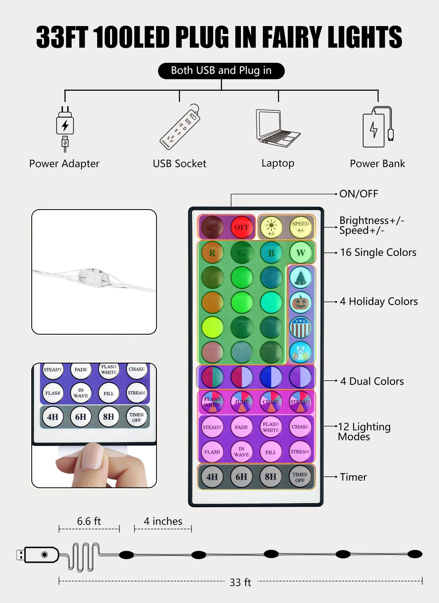 Minetom Fairy String Lights - 100 LED USB Operated - 33ft Silver Wire - Remote Control - Indoor Decor