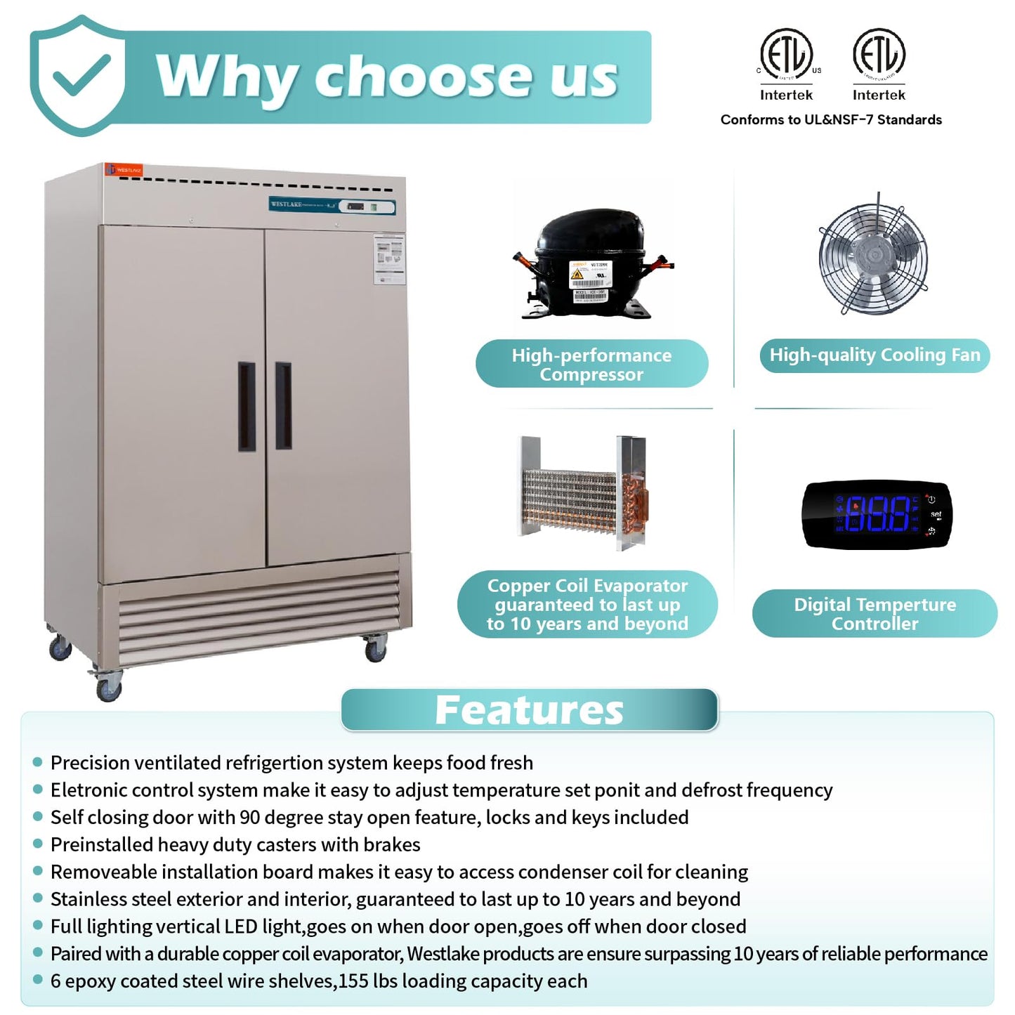 WESTLAKE 54"W Commercial Freezer 49 Cu.ft Stainless Steel Reach-in Solid Door Upright Fan Cooling 2 Door 2 Section Freezer for Restaurant, Bar, Shop, etc