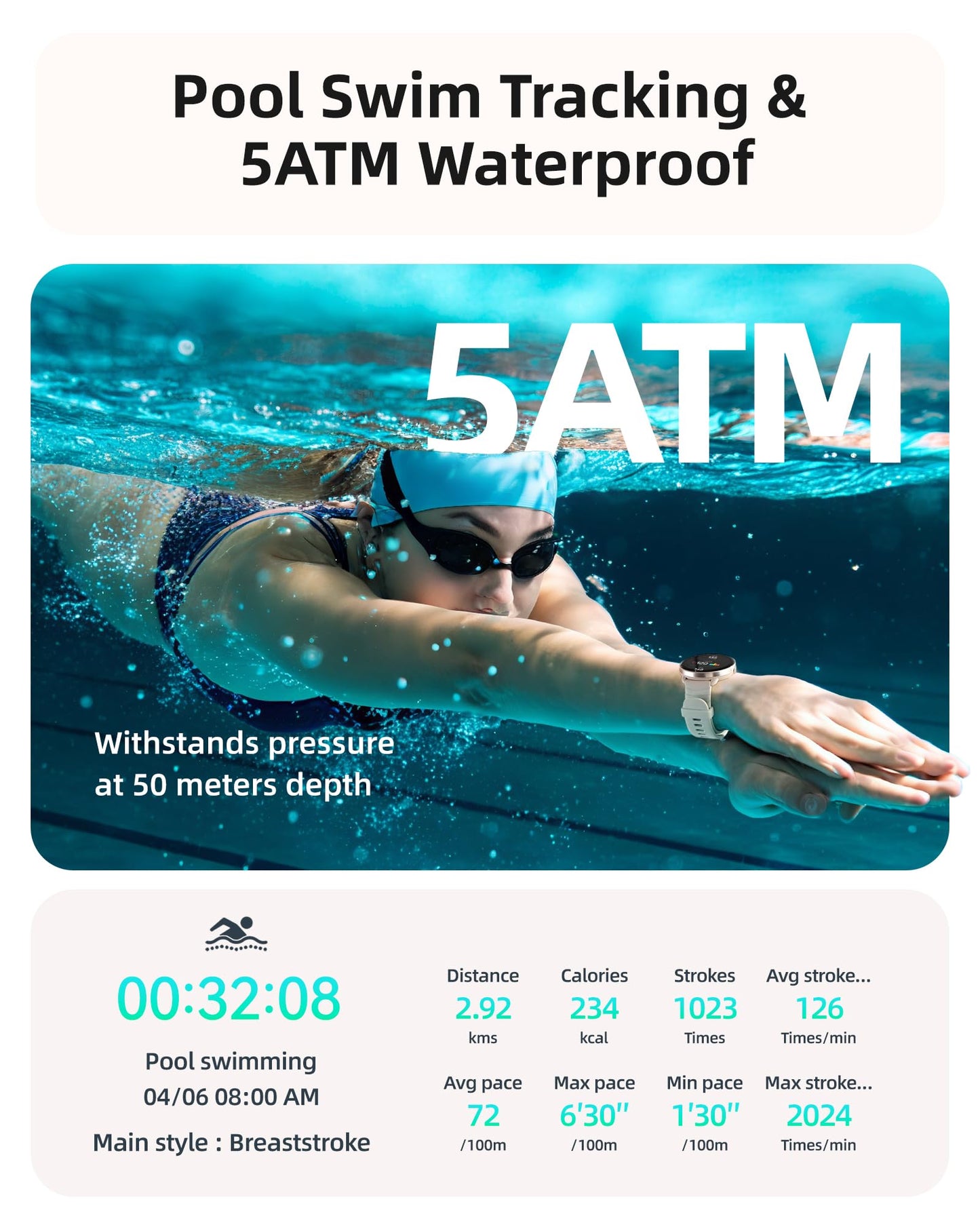 Parsonver Swimming Smart Watch, 5ATM Waterproof for Pool & Open Water, Built-in GPS & Compass, AMOLED Fitness Tracker with 100+ Sports Modes, Heart Rate & Sleep Monitor, AI Swim Analysis, French Grey