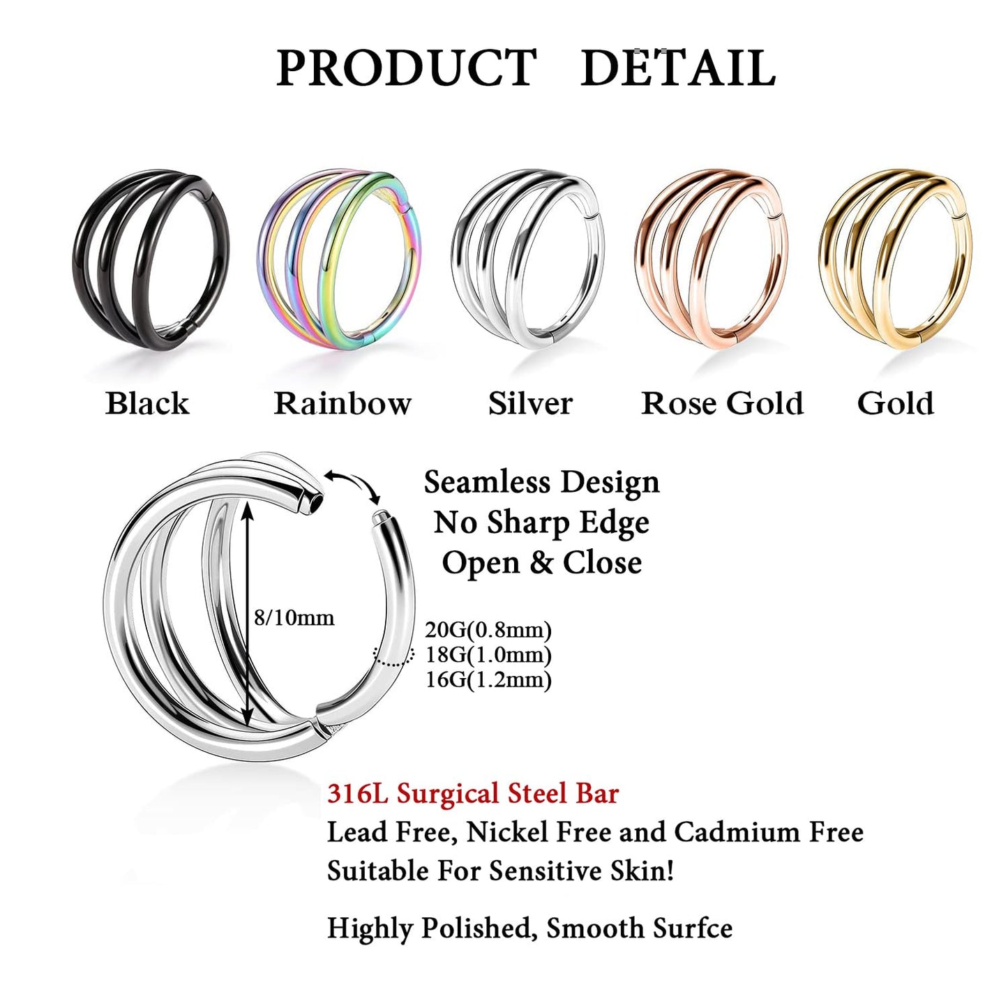 FUNLMO Septum Ring 16G Nose Ring Tragus Helix Conch Rook Daith Piercing Jewelry Triple Hoop Nose Ring Cartilage Hoop Earring 316